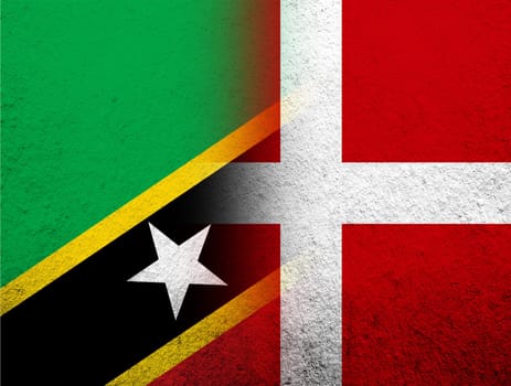 the Kingdom of Denmark National flag with Saint Kitts and Nevis National flag. Grunge Background