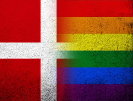 the Kingdom of Denmark National flag with Rainbow LGBT pride flag. Grunge Background