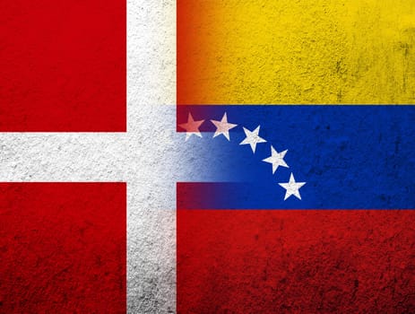 the Kingdom of Denmark National flag with The Bolivarian Republic of Venezuela National flag. Grunge Background