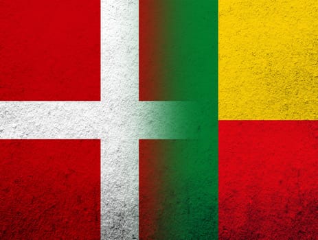the Kingdom of Denmark National flag with Republic of Benin National flag. Grunge Background