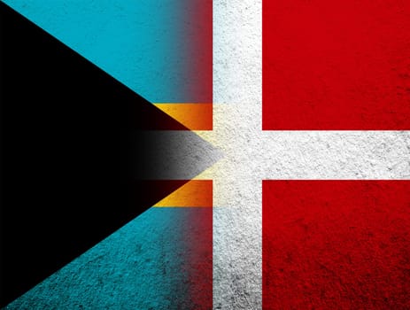 the Kingdom of Denmark National flag with The Commonwealth of The Bahamas national flag. Grunge Background
