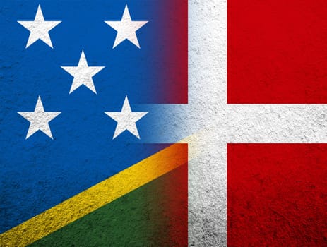 the Kingdom of Denmark National flag with National flag of The Solomon Islands. Grunge Background
