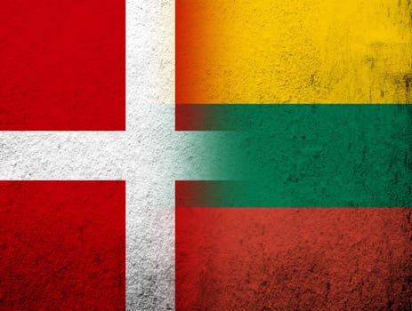 the Kingdom of Denmark National flag with Republic of Lithuania National flag. Grunge Background