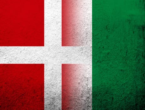 the Kingdom of Denmark National flag with The Federal Republic of Nigeria National flag. Grunge Background