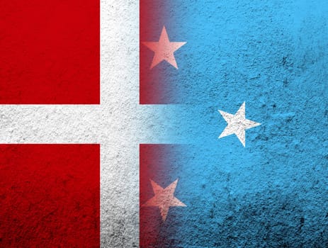 the Kingdom of Denmark National flag with The Federated States of Micronesia national flag. Grunge Background