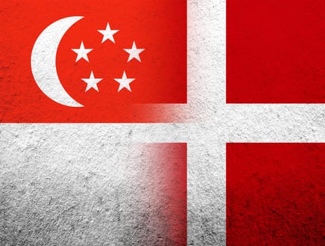the Kingdom of Denmark National flag with Republic of Singapore National flag. Grunge Background