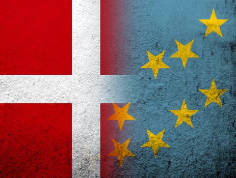 the Kingdom of Denmark National flag with The Ellice Islands Tuvalu National flag. Grunge Background