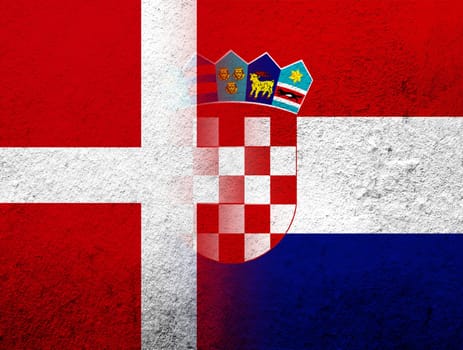 the Kingdom of Denmark National flag with Republic of Croatia National flag. Grunge Background