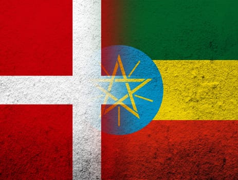 the Kingdom of Denmark National flag with The Federal Democratic Republic of Ethiopia National flag. Grunge Background