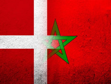 the Kingdom of Denmark National flag with The Kingdom of Morocco National flag. Grunge Background