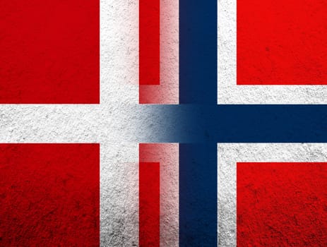 the Kingdom of Denmark National flag with The Kingdom of Norway national flag. Grunge Background