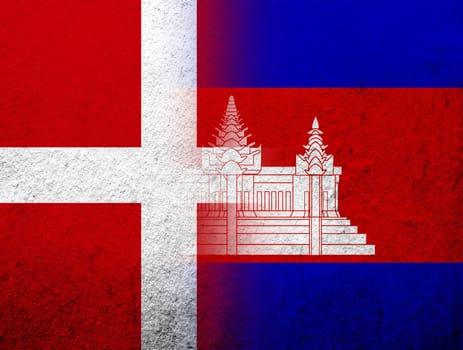 the Kingdom of Denmark National flag with The Kingdom of Cambodia National flag. Grunge Background