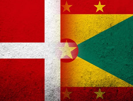 the Kingdom of Denmark National flag with National flag of Grenada. Grunge Background