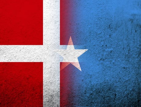 the Kingdom of Denmark National flag with The Federal Republic of Somalia National flag. Grunge Background