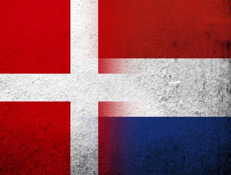 the Kingdom of Denmark National flag with The Kingdom of the Netherlands National flag. Grunge Background