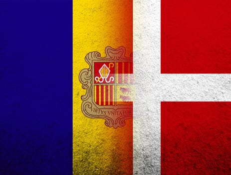 the Kingdom of Denmark National flag with The Principality of the Valley of Andorra national flag. Grunge Background