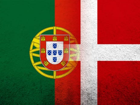 the Kingdom of Denmark National flag with Portugal National flag. Grunge Background