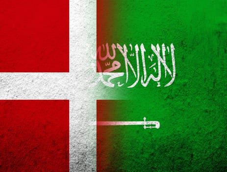 the Kingdom of Denmark National flag with The Kingdom of Saudi Arabia National flag. Grunge Background