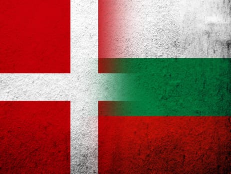 the Kingdom of Denmark National flag with The Republic of Bulgaria National flag. Grunge Background