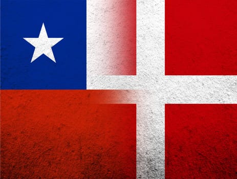 the Kingdom of Denmark National flag with The Republic of Chile National flag. Grunge Background