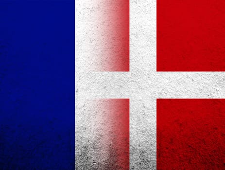 the Kingdom of Denmark National flag with The national flag of France. Grunge Background