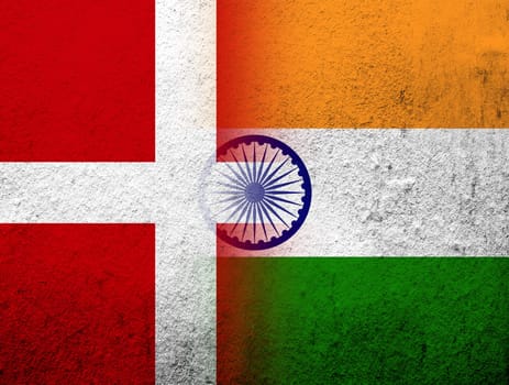 the Kingdom of Denmark National flag with flag of India. Grunge Background