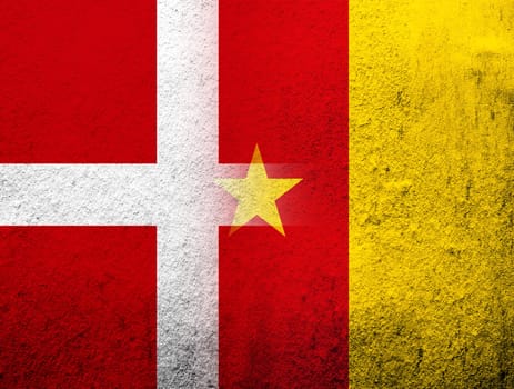 the Kingdom of Denmark National flag with The Republic of Cameroon National flag. Grunge Background