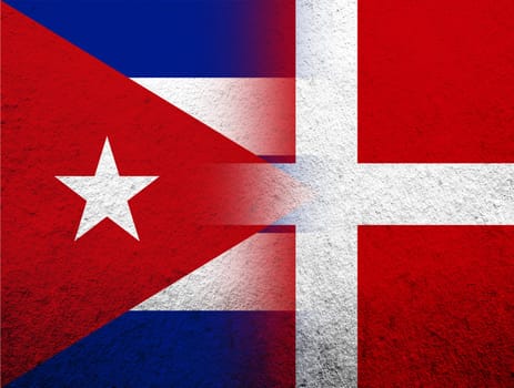 the Kingdom of Denmark National flag with The Republic of Cuba National flag. Grunge Background