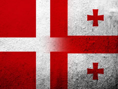 the Kingdom of Denmark National flag with  flag of the country of Georgia. Grunge Background