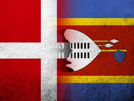 the Kingdom of Denmark National flag with The Kingdom of Eswatini Swaziland National flag. Grunge Background