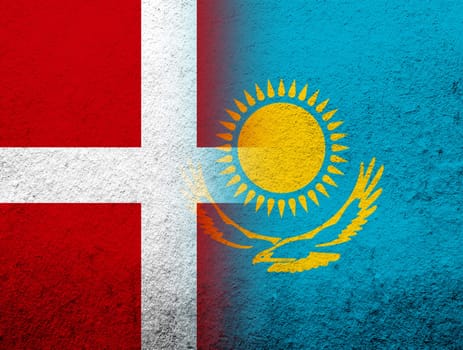 the Kingdom of Denmark National flag with he Republic of Kazakhstan National flag. Grunge Background