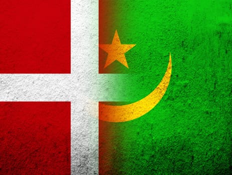 the Kingdom of Denmark National flag with the Islamic Republic of Mauritania National flag. Grunge Background