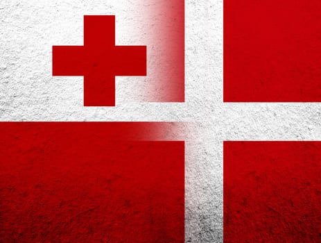 the Kingdom of Denmark National flag with The Kingdom of Tonga National flag. Grunge Background