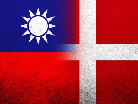 the Kingdom of Denmark National flag with Taiwan National flag. Grunge Background