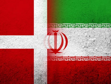 the Kingdom of Denmark National flag with The Islamic Republic of Iran National flag. Grunge Background
