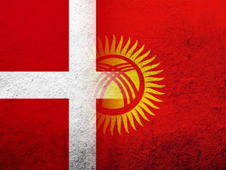 the Kingdom of Denmark National flag with The Kyrgyz Republic Kyrgyzstan National flag. Grunge Background