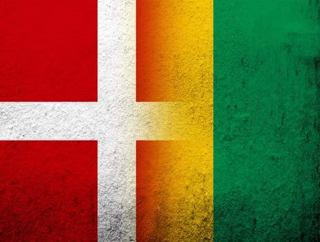 the Kingdom of Denmark National flag with The Republic of Guinea National flag. Grunge Background