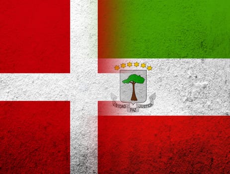 the Kingdom of Denmark National flag with The Republic of Equatorial Guinea National flag. Grunge Background
