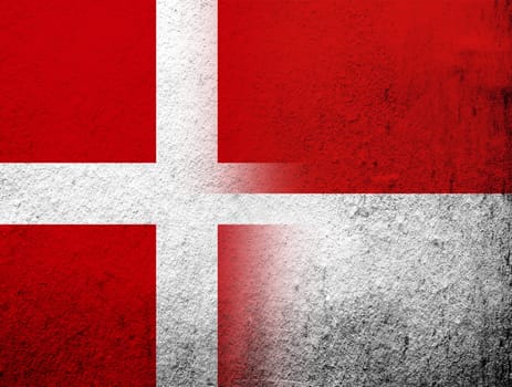 the Kingdom of Denmark National flag with The Republic of Indonesia National flag. Grunge Background