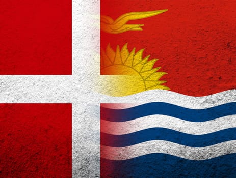 the Kingdom of Denmark National flag with The Republic of Kiribati National flag. Grunge Background