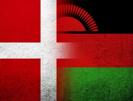 the Kingdom of Denmark National flag with The Republic of Malawi National flag. Grunge Background