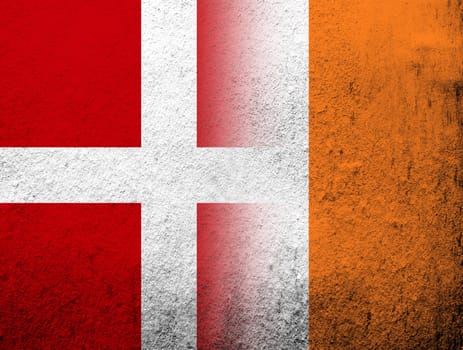 the Kingdom of Denmark National flag with The Republic of Ireland National flag. Grunge Background