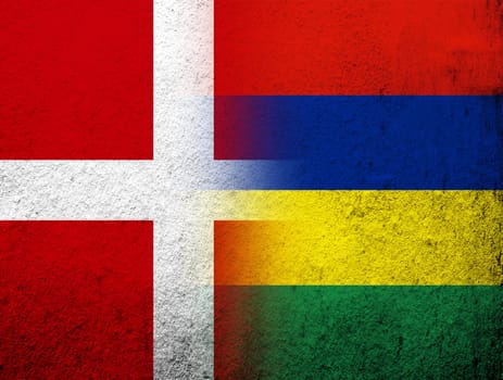 the Kingdom of Denmark National flag with The Republic of Mauritius National flag. Grunge Background