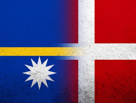 the Kingdom of Denmark National flag with The Republic of Nauru Pleasant Island National flag. Grunge Background