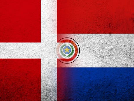 the Kingdom of Denmark National flag with The Republic of Paraguay National flag. Grunge Background
