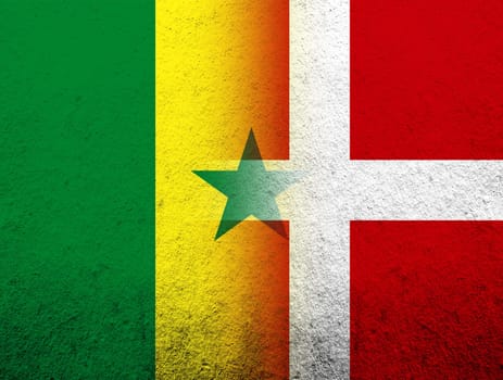 the Kingdom of Denmark National flag with The Republic of Senegal National flag. Grunge Background