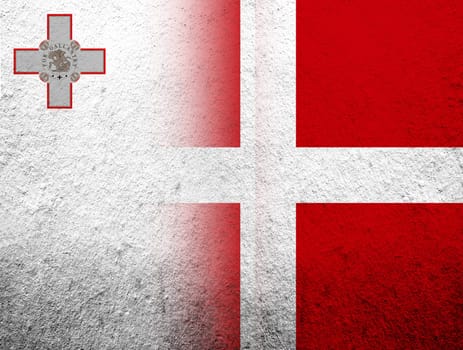 the Kingdom of Denmark National flag with The Republic of Malta National flag. Grunge Background