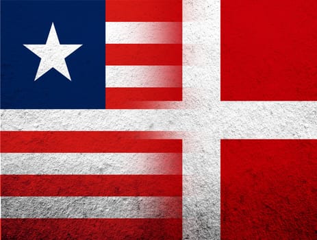 the Kingdom of Denmark National flag with The Republic of Liberia National flag. Grunge Background