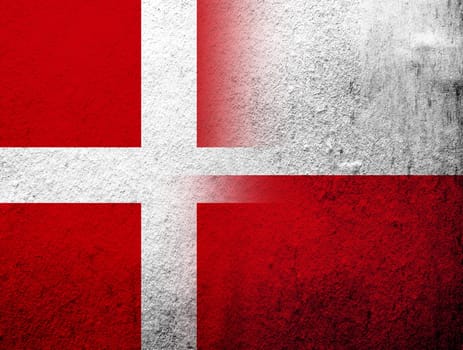 the Kingdom of Denmark National flag with The Republic of Poland national flag. Grunge Background