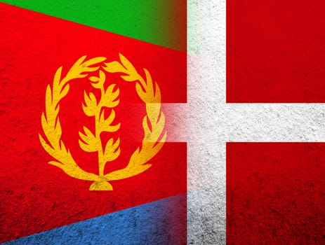the Kingdom of Denmark National flag with The State of Eritrea national flag. Grunge Background